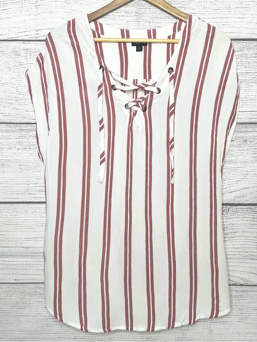 Torrid Red & White Vertical Stripe Lace-Up Short Sleeve Linen Like Casual Top 2X